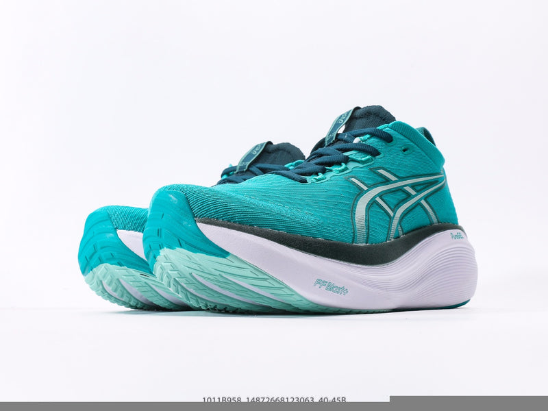 حذاء ASICS Gel-Nimbus 27 من ASICS GEL-NWAVE باللون الأزرق المخضر/الأخضر الساكسوني، متوفر الآن